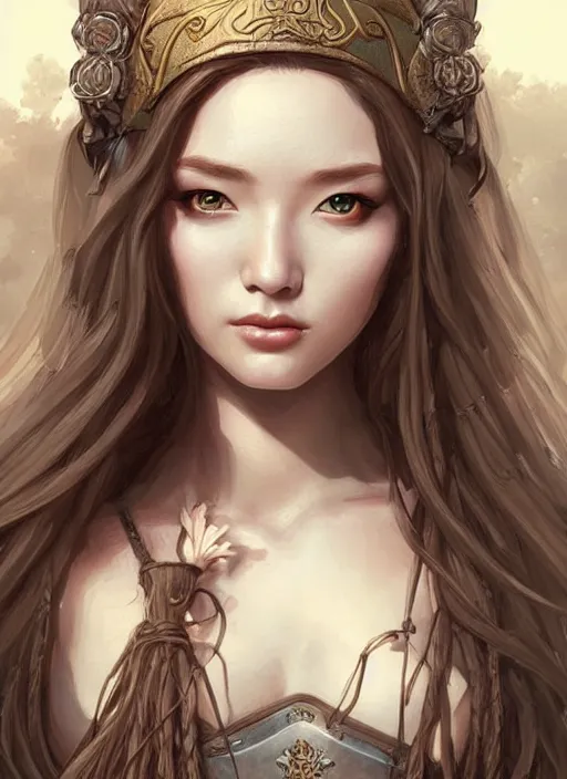 Prompt: lovely medieval maiden with long hair, character portrait, sketch, concept art, intricate details, highly detailed photorealistic, portrait, in the style of adam hughes, seseon yoon, artgerm and warren louw