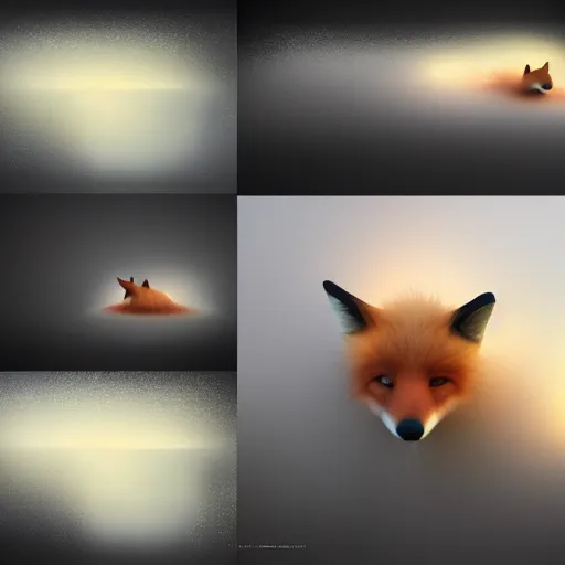 Prompt: vivid 3D animated designscapes with bursts of radiant particles–building an ethereal minimal space sculpture of a fox, professional concept art, trending on artstation, geometric