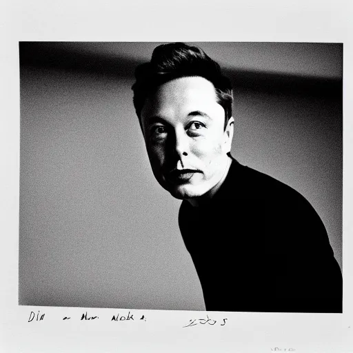 Image similar to photo of Elon Musk by Diane Arbus, black and white, high contrast, Rolleiflex, 55mm f/4 lens