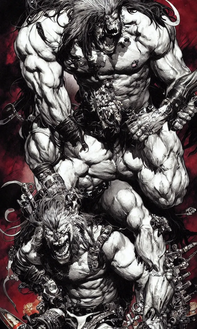 Image similar to lobo by simon bisley, photoshop, art by artgerm and greg rutkowski and alphonse mucha