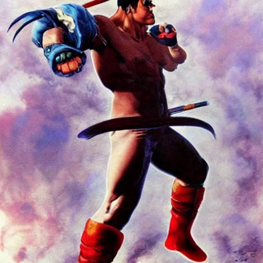 Image similar to ultra realistic freddy mercury as ryu from street fighter, painting by frank frazetta, 4 k, ultra realistic, highly detailed,