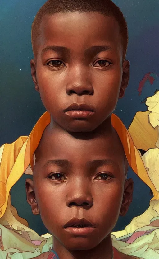 Image similar to colourful upper half portrait of an african boy, art by hsiao - ron cheng & alphonse mucha, highly detailed, digital painting, ray tracing, concept art, illustration, smooth sharp focus, intricate, symmetry, artstation,