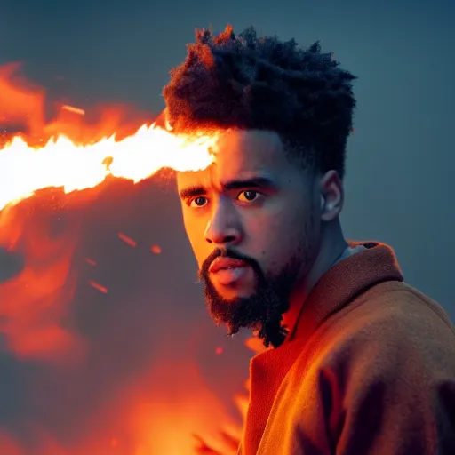 Prompt: cinematic film still of J.Cole starring as a Samurai holding fire, Japanese CGI, VFX, 2022, 40mm lens, shallow depth of field, film photography