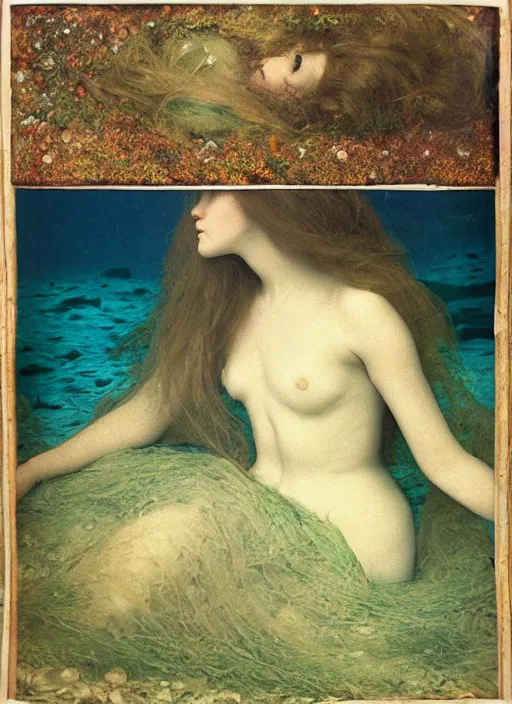 Prompt: lady laying under the sea on the seabed amongst the weeds, underwater shot, submerged, medium shot, on the bed of the river preraphaelite colour photography by rosetti, 8 k