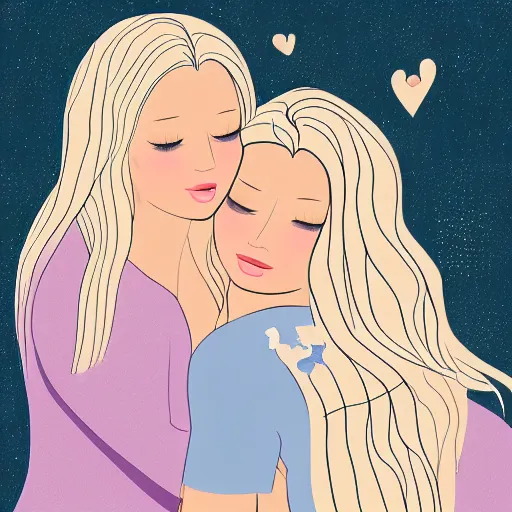 Prompt: an illustration of a young woman with long blond hair hugging her friend, a girl with angel wings, digital art