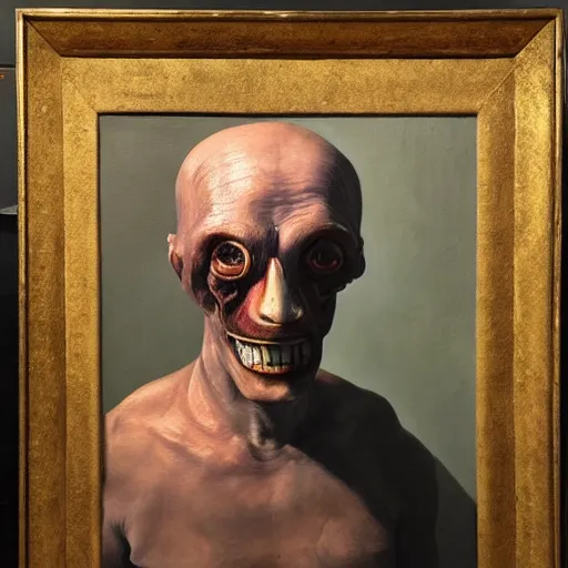 Image similar to oil painting by christian rex van minnen of a portrait of an extremely bizarre disturbing mutated man with intense chiaroscuro lighting perfect composition masterpiece strangely beautiful