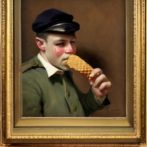 Prompt: portrait, crying male soldier with an ice cream in his hand by emile friant