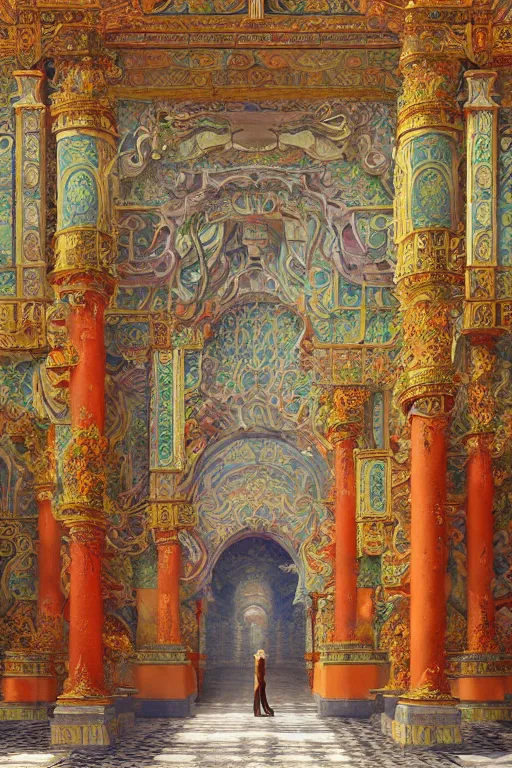 Image similar to glorious painted temple of the forest, by Sylvain Sarrailh and Ludwig Deutsch and Rudolf Ernst and edmund dulac, dramatic cinematic lighting , beautiful colorful tilework, ornate architecture, smooth, sharp focus, extremely detailed