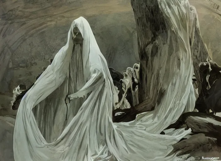 Prompt: nazgul, film cinematography, atmospheric lighting, natural lighting, nazgul from lord of the rings, wide shot, atmospheric cinematography by stanley kubrick, flowing robes by alphonse mucha, nazgul by alan lee and john howe