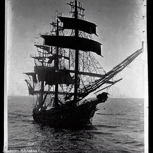 Image similar to an impossibly huge pirate ship that's also a skull. 1910s photograph