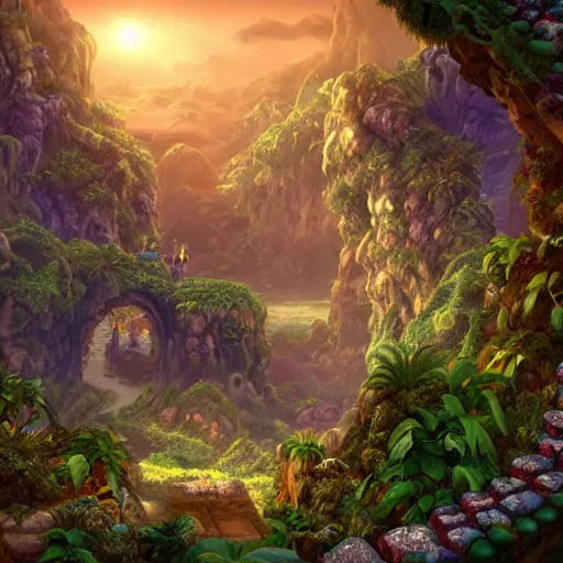 Prompt: way to the beautiful city in a ring of mountains, side-scrolling 2d platformer game level, swirling clouds, fantasy jungle vegetation, dramatic dusk sun illuminates areas, volumetric light , detailed carved ornaments, rich color, upscale , 8k