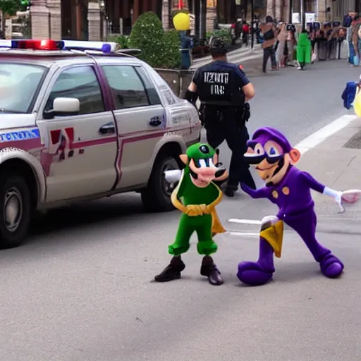 Prompt: waluigi in real life being arrested