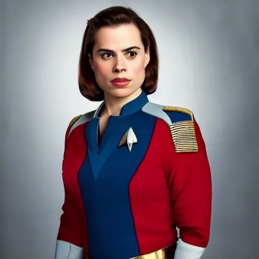 Prompt: a beautiful full body photograph of younger hayley atwell as a star fleet officer from star trek next generation, full dress uniform, symmetrical face, extreme realism and detail, 8 k, completely framed, direct lighting, 3 5 mm photo, photorealistic, sharp focus