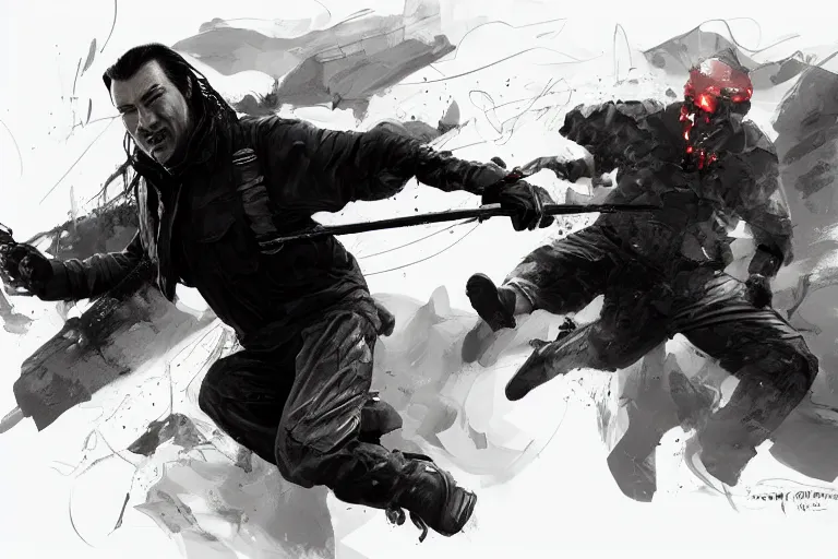 Image similar to pencil sketch of steven seagal being chased by a drone, digital painting, artstation, concept art, smooth, sharp focus, illustration, whimsical background by marc simonetti, artwork by liam wong, patriotic, detailed