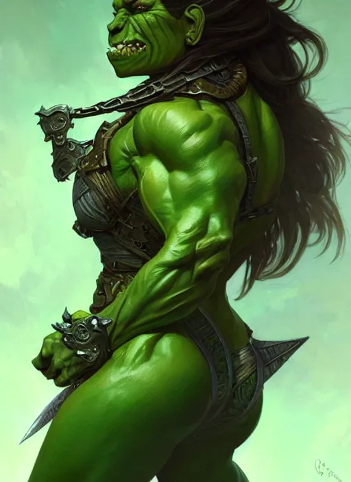 Image similar to portrait of aggressive female orc, d & d, muscular! green, fantasy, intricate, elegant, highly detailed, digital painting, artstation, concept art, smooth, sharp focus, illustration, art by artgerm and greg rutkowski and alphonse mucha