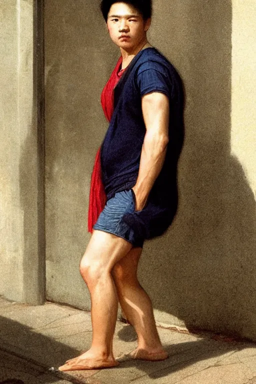 Image similar to Full-length portrait of a handsome!! young pregnant!! male on the streets of Hong Kong, wearing shorts, historically reliable photo chronicle, 1995, ultra detailed digital art, octane render, 4K, by John William Waterhouse and Edwin Longsden Long and Theodore Ralli and Nasreddine Dinet