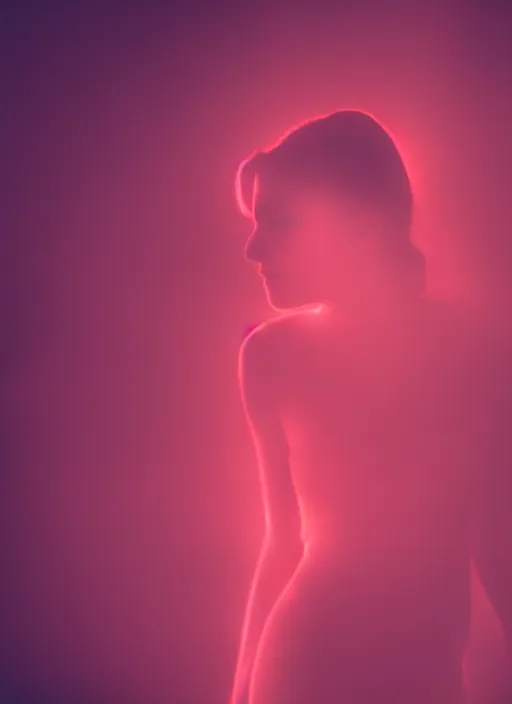 Image similar to a detailed dark female silhouette, bright glowing translucent aura, fog, film grain, cinematic lighting