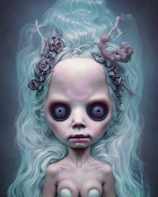 Image similar to one singular portrait of a cute bioluminescent creepy doll, post grunge, highly detailed, digital painting, cinematic, hyper realism, dark retrowave, art by mark ryden and pixar and artgerm and magali villeneuve and alphonse mucha, artstation, octane render, cgsociety