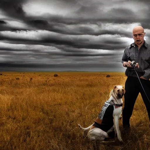 Image similar to Walter White and his trusty hound 4k photography award-winning footage, dramatic