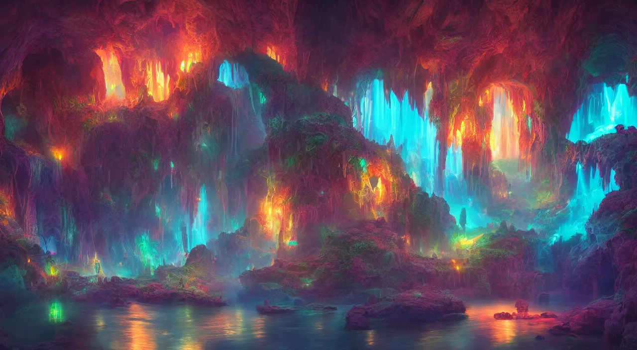 Image similar to Cave of wonders, magical, mystical, bright colours, bright lights, crystals of all colours, hyperdetailed, artstation, cgsociety, 8k