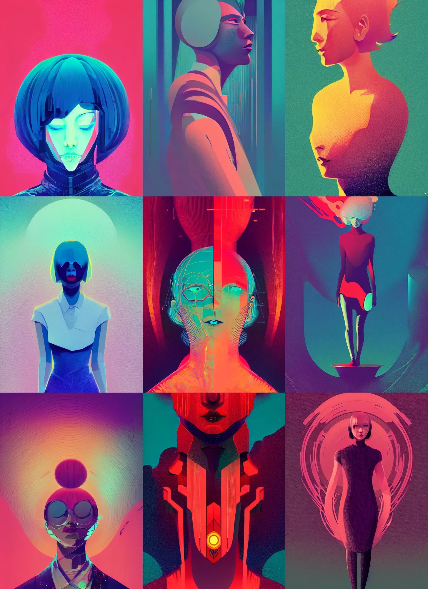 Prompt: ( ( dither ) ), editorial illustration portrait of reol, dynamic pose, modern art deco, colorful, ( ( mads berg ) ), christopher balaskas, victo ngai, rich grainy texture, detailed, dynamic composition, wide angle, moebius, matte print, glitch art, cosmic