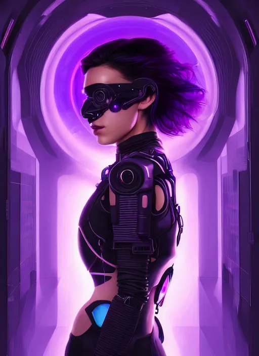 Prompt: symmetry portrait of a very beautiful caucasian young cyberpunk woman with dark purple hair wearing a mask, sci - fi, tech wear, glowing lights intricate, elegant, highly detailed, digital painting, artstation, concept art, smooth, sharp focus, illustration, art by artgerm and greg rutkowski and alphonse mucha