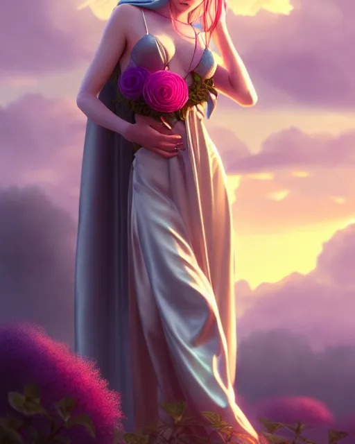 Image similar to photo of elf in long satin evening dress, flowers in hair, fantasy character portrait, soft clouds, floral sunset, ultra realistic, concept art, intricate details, cinematic, highly detailed