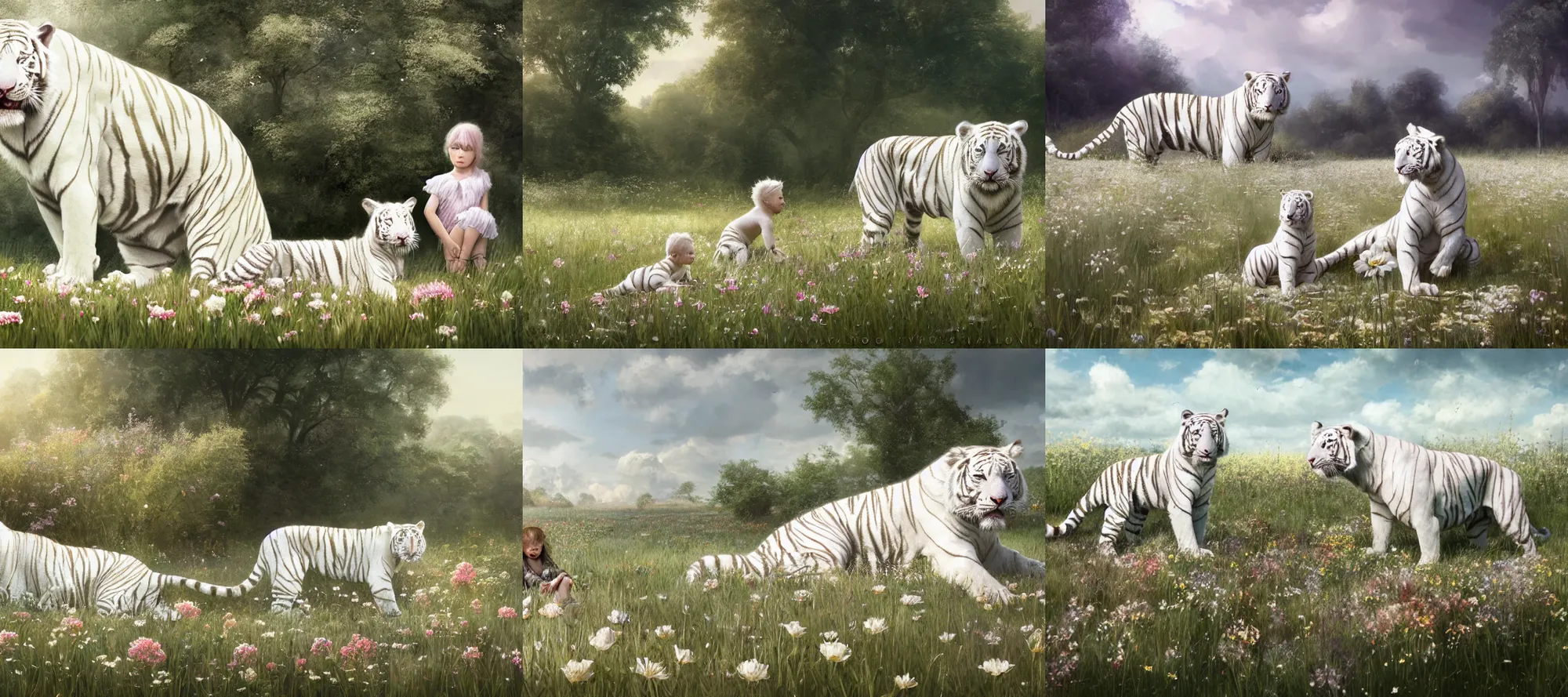 Prompt: a large albino white tiger sits beside a small child in a field of flowers by Greg Rutkowski, jason chan, Maxim Verehin, Peter Konig, final fantasy, photorealistic 8k, cinematic lighting, HD, high detail, atmospheric, trending on artstation