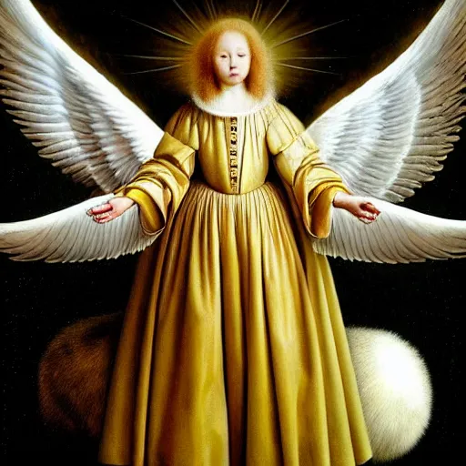 Prompt: highdetailed hyperrealistic painting of white angel!!! no gender!!!, giant ball of miracle light from the chest!!!!!, 4 k hd fur face!!!, big wings, by jan van eyck, holography space, white sparkles everywhere, thin strokes, high textures