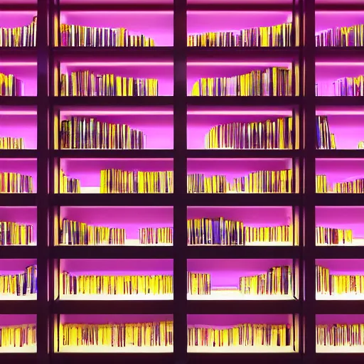 Prompt: An eternal library, 3d render, octane render, ((pink)) ((yellow)) ((blue)) ((purple)), clock, modern architecture, neon sign