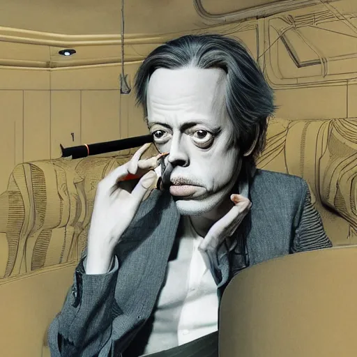 Image similar to hyperrealistic mixed media image of steve buscemi smoking a cigarette standing in front of a train, stunning 3 d render inspired art by xiang duan and thomas eakes, perfect facial symmetry, immaculate complexion, realistic, highly detailed attributes and atmosphere, dim volumetric cinematic lighting, 8 k octane detailed render, post - processing, masterpiece,