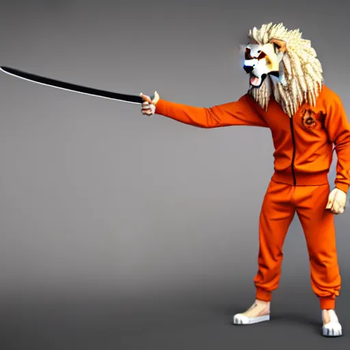 Image similar to commission of a fit male anthro albino lion holding a sword wearing an orange tracksuit,SFW,artstation,deviantart, science fiction industrial hard science concept art, 8K render octane high definition cgsociety