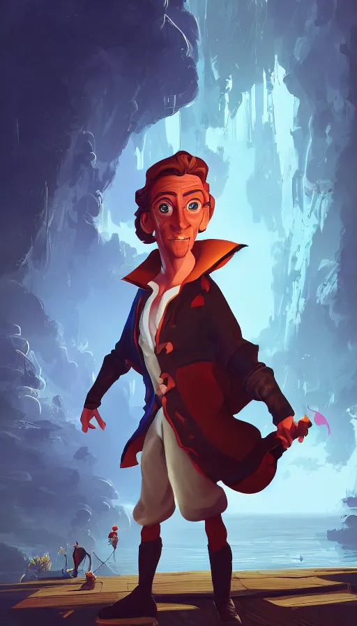 Prompt: guybrush threepwood, sharp focus, james gilleard, cinematic, game art, extremely detailed digital painting, print