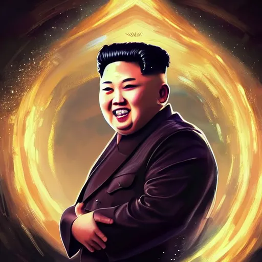 Image similar to portrait of kim - jong un as a spellcaster and mage, league of legends amazing splashscreen artwork, splash art, natural light, elegant, photorealistic facial features, intricate, fantasy, detailed face, atmospheric lighting, anamorphic lens flare, cinematic lighting, league of legends splash art, hd wallpaper, ultra high details by greg rutkowski