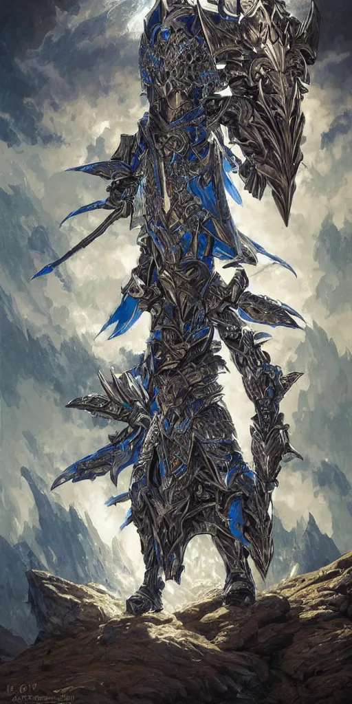 Image similar to Fantasy knight wearing an intricate azure wolf themed full plated armor, moonlit, HD, illustration, epic, D&D, fantasy, intricate, elegant, highly detailed, digital painting, artstation, concept art, smooth, sharp focus, illustration, art by artgerm and greg rutkowski and alphonse mucha, monster hunter illustrations art book