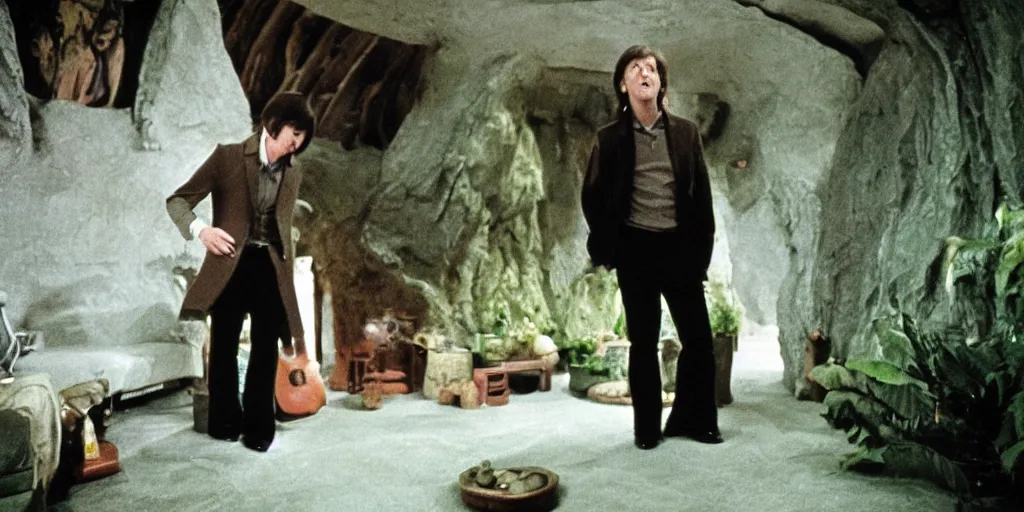 Prompt: A full color still of Paul McCartney looking down at his palm, dressed as a hobbit inside his house, directed by Stanley Kubrick, 35mm, 1970