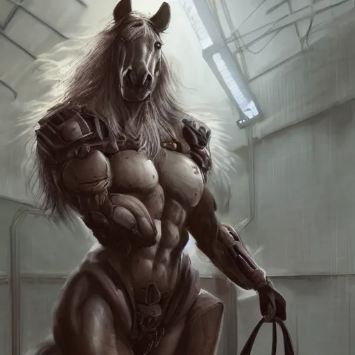 Image similar to an enormously muscular anthro horse sentinel in a research facility wearing a skintight body armor, long white mane, equine, anthro art, furaffinity, highly detailed, digital painting, artstation, concept art, illustration, art by artgerm, greg rutkowski, ruan jia