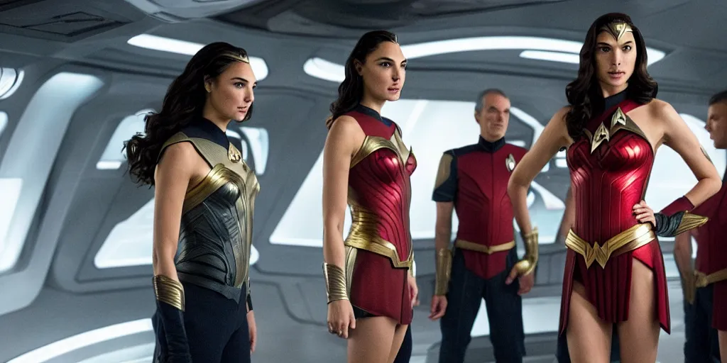 Image similar to Gal Gadot, in full starfleet uniform, is the captain of the starship Enterprise in the new Star Trek movie