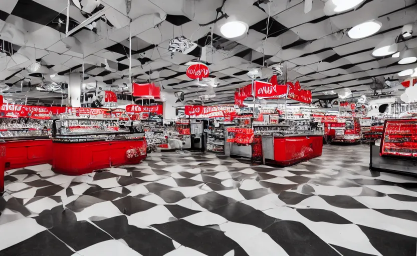 Image similar to interior of a 1950s style super market, retro equipment, red, black and white checkered patterns, us style