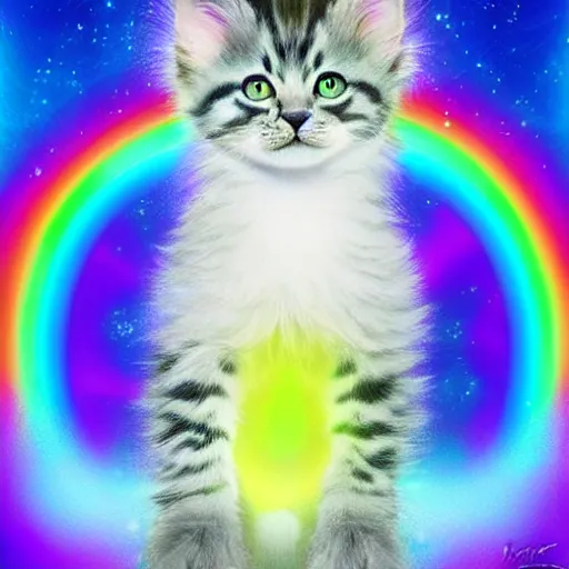 Image similar to of a full body wide of very proud fluffy rainbow kitten howling at moon with a glowing rainbow aura, digital art,