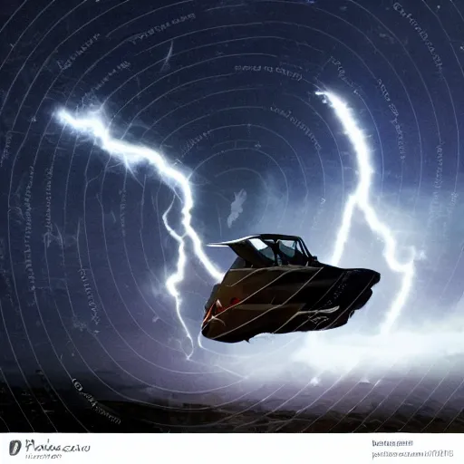 Image similar to futuristic flying car emerging from a circle of lightning in the sky, thunderstorm at night, 28mm dramatic photo