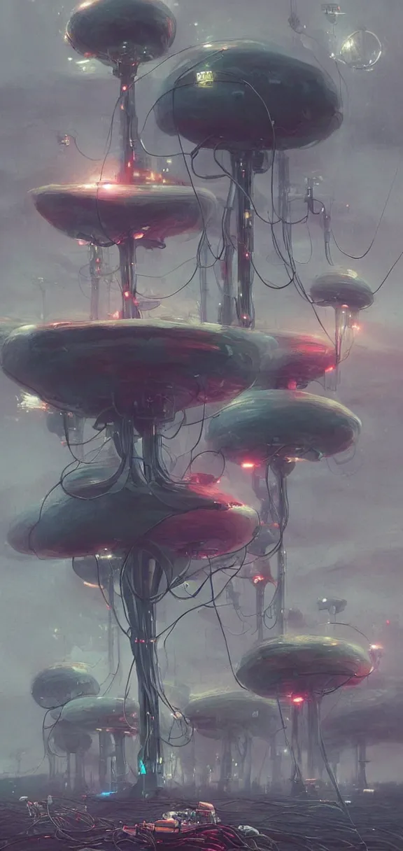 Prompt: mechanical mushroom starship with long tendrils, lots of hanging cables and wires, messy cords, sci - fi concept art, by john harris, by simon stalenhag, stunning, award winning