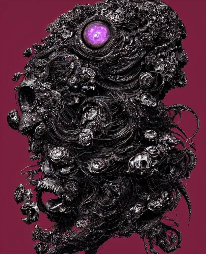 Image similar to fully black background. background hex 000000. goddess princess face close-up portrait ram skull. old metal bas relief. jellyfish phoenix head, nautilus, orchid, skull, betta fish, bioluminiscent creatures, intricate artwork by Tooth Wu and wlop and beeple. octane render, trending on artstation, greg rutkowski very coherent symmetrical artwork. cinematic, hyper realism, high detail, octane render, 8k