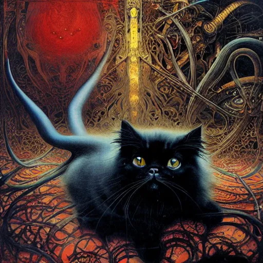 Prompt: realistic detailed image of black persian cat staring contemptuously at people by ayami kojima, amano, karol bak, greg hildebrandt, and mark brooks, neo - gothic, gothic, rich deep colors. beksinski painting, part by adrian ghenie and gerhard richter. art by takato yamamoto. masterpiece