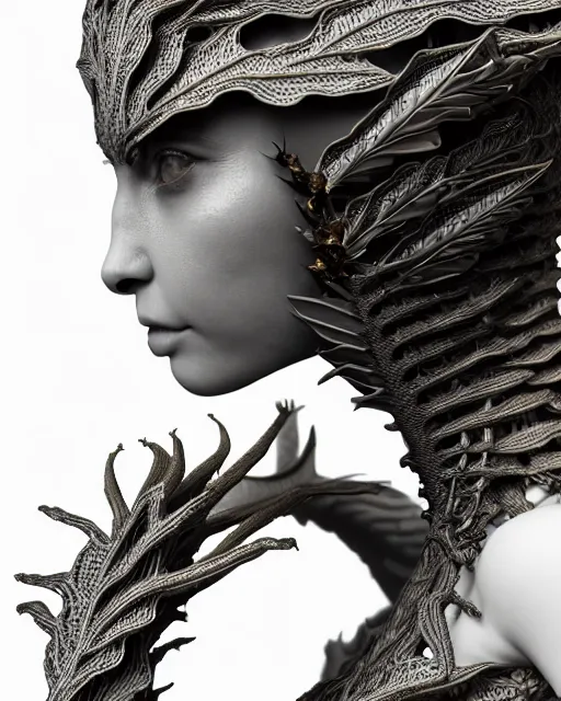 Prompt: close - up profile face, black background, 3 d render of a beautiful porcelain vegetal dragon cyborg young female, 1 5 0 mm, beautiful natural soft rim light, silver gold details, magnolia leaves and stems, roots, fine lace, mandelbot fractal, elegant, ultra detailed, white metallic armour, octane render, black and white, h. r. giger style