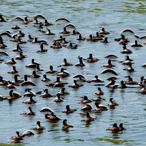 Prompt: army of ducks fighting with each other, highly realistic