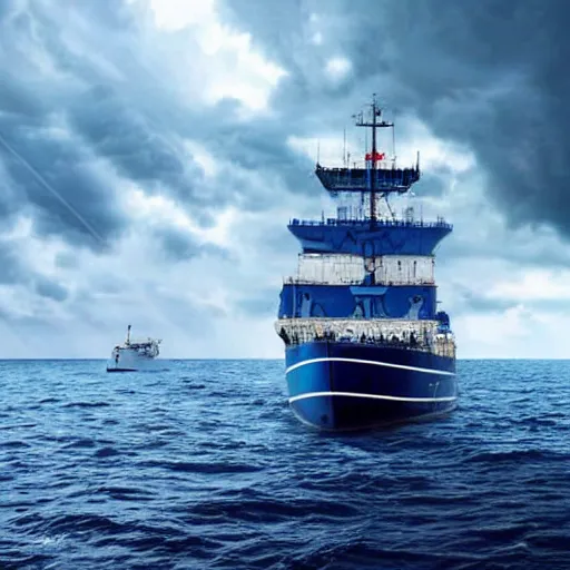 Image similar to a ship which is sailing in dark sea sky is dark blue and clouds and thunderstorms coming in far waves are big detailed picture