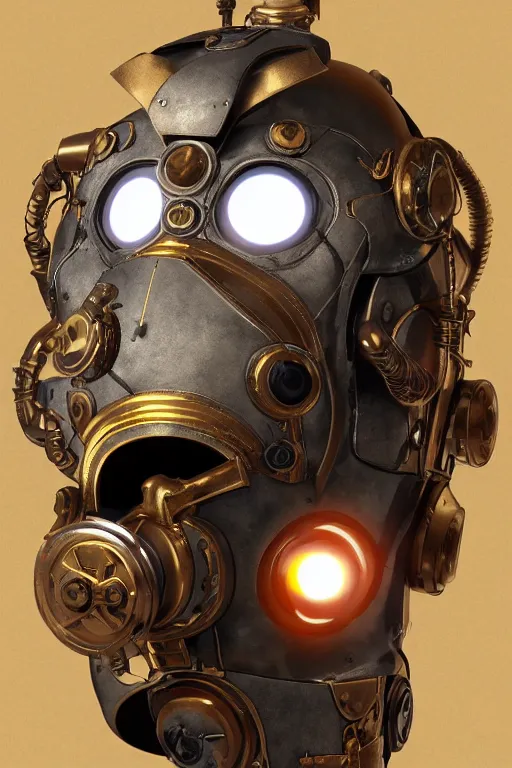 Image similar to steampunk mask minimalist fantasy art robot ninja helmet, global illumination ray tracing hdr fanart arstation by sung choi and eric pfeiffer and gabriel garza and casper konefal radiating a glowing aura