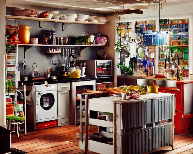 Image similar to IKEA catalogue photo of a cyberpunk farmhouse kitchen, by Alex Grey