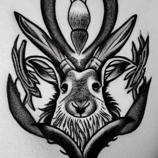 Prompt: a black and white tattoo of a jackalope